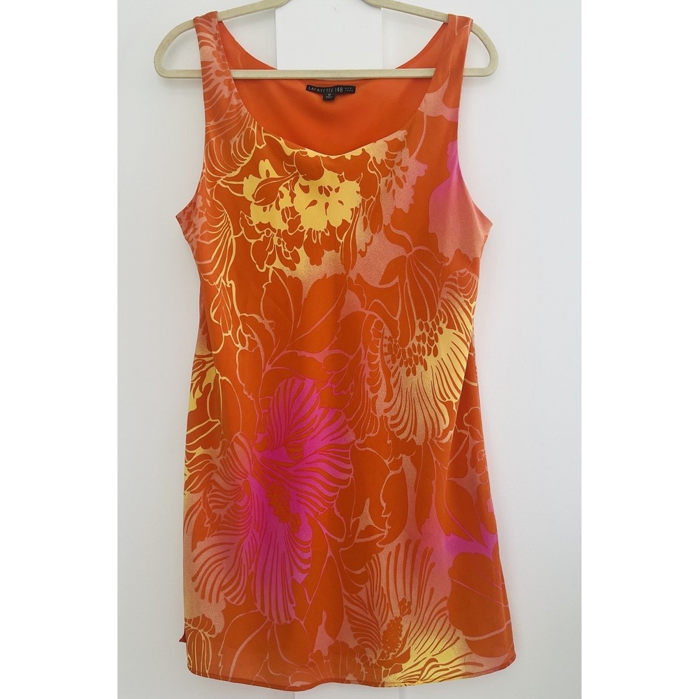 Lafayette 148 NY Silk Floral Mini Sleeveless Layered Slip Dress 12 Orange Pink